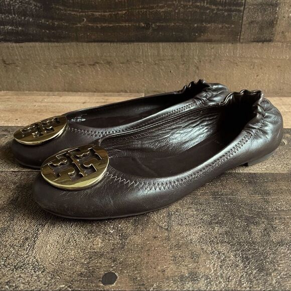 Tory Burch Mini Leather Travel Dark Brown and Gold Ballet Flats Size 5.5M - Picture 3 of 10